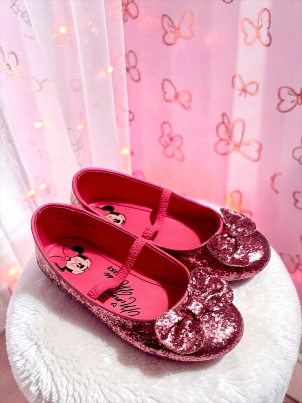 Disney Minnie Mouse Bow Flats 🎀Pink Smooth‑Glitter Little Kid Size 13 EUC